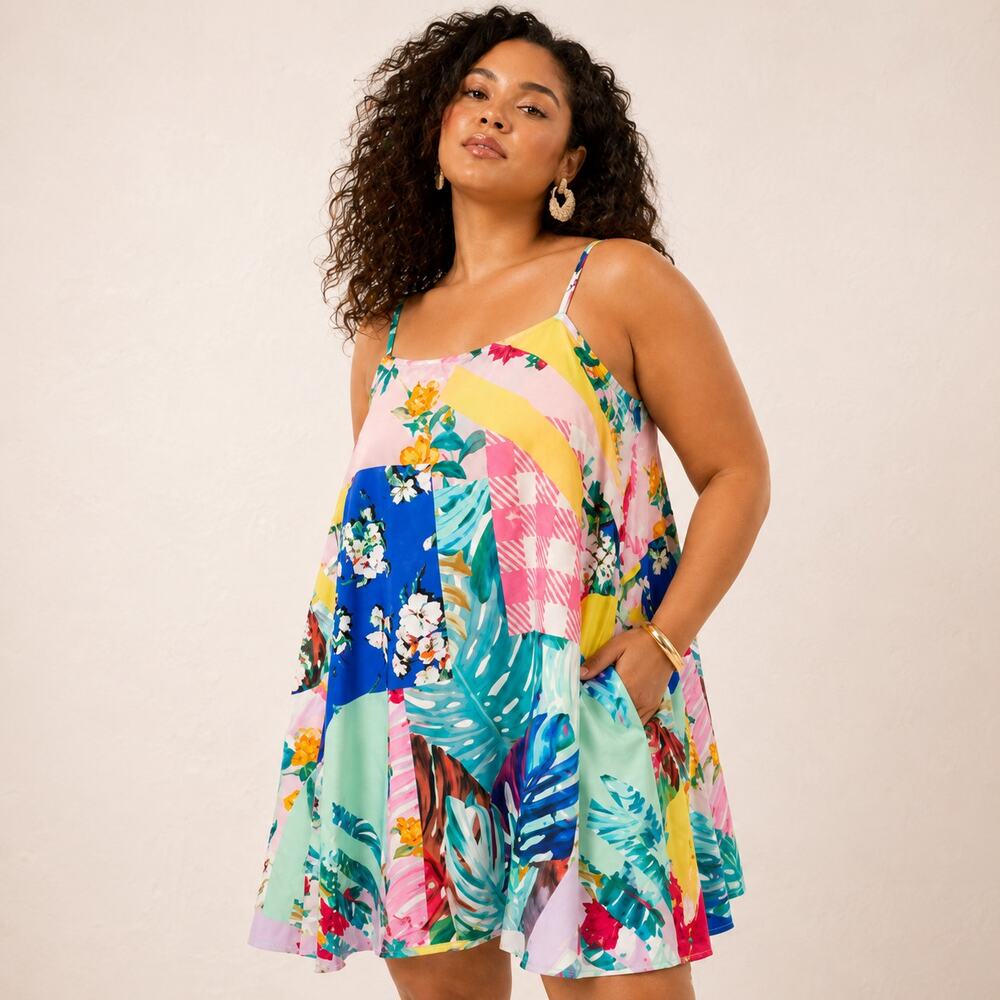 ASOS Tropical Patchwork Print Oversized Cami Swing Dress US 14 Resort